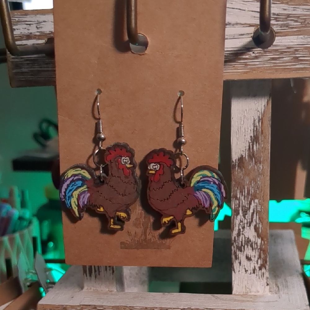 Hand-Painted Colorful Rooster Bird Earrings